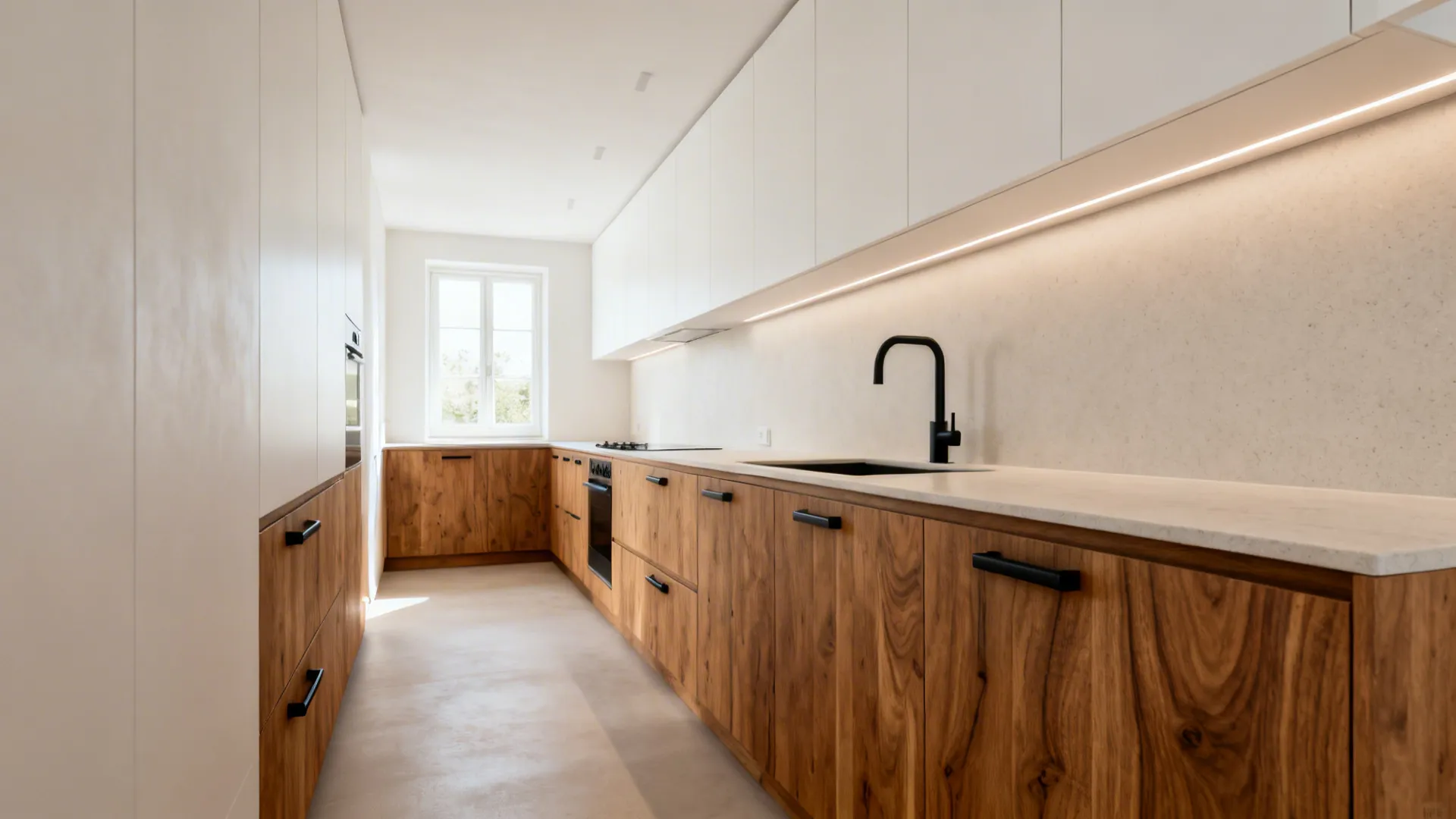 Galley kitchen with rift-cut oak base cabinets and matte black hardware and faucet