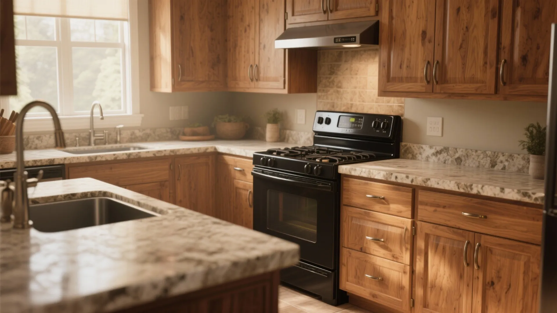 Rustic wooden kitchen with black stove marble countertop sink window light brown cabinets and green plants