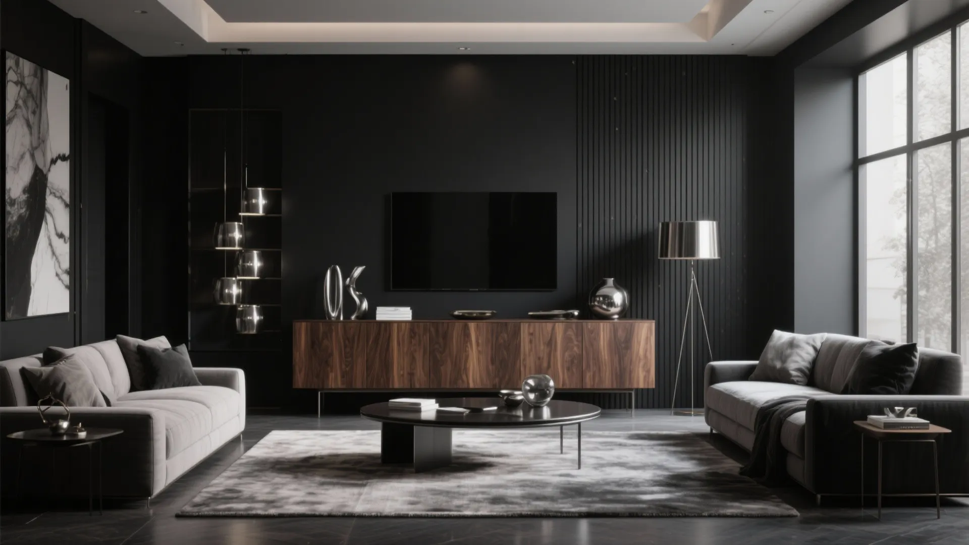 Modern living room with black walls wooden cabinet gray sofas round coffee table and floor lamp