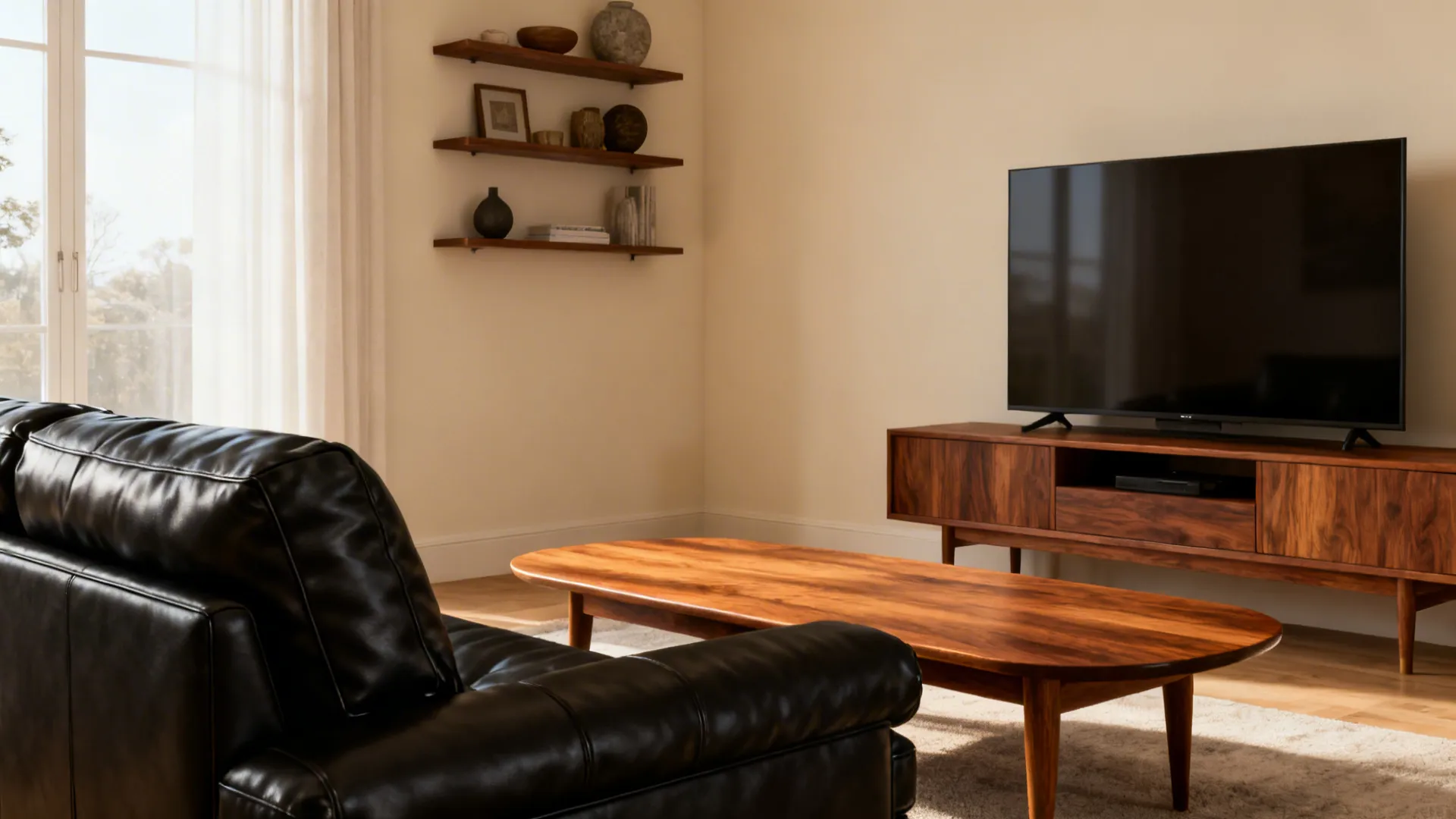 1. Warm wood + black leather: cozy, timeless contrast