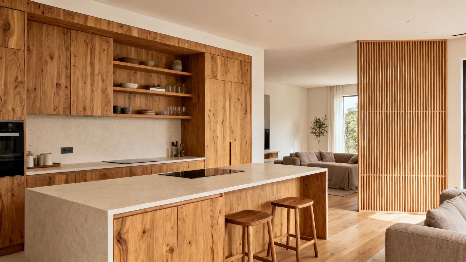 Warm Wood Touches for a Softer Living-Kitchen Blend