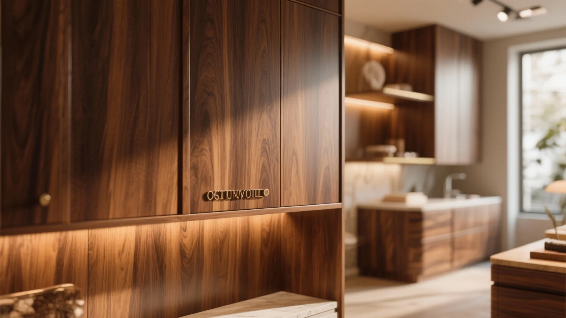 Close up view of dark wood cabinet doors with gold handle in a modern kitchen