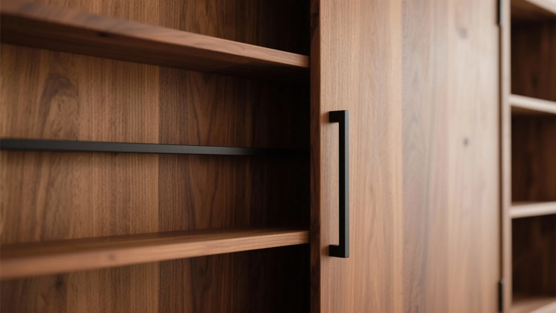Close-up of a dark wood storage cabinet featuring open shelves and a modern black handle