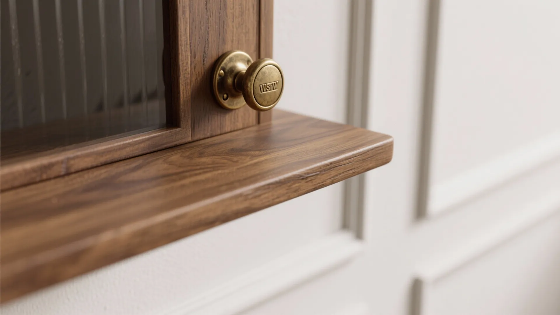 Close up of wooden cabinet with brass knob and glass door against white wall panels