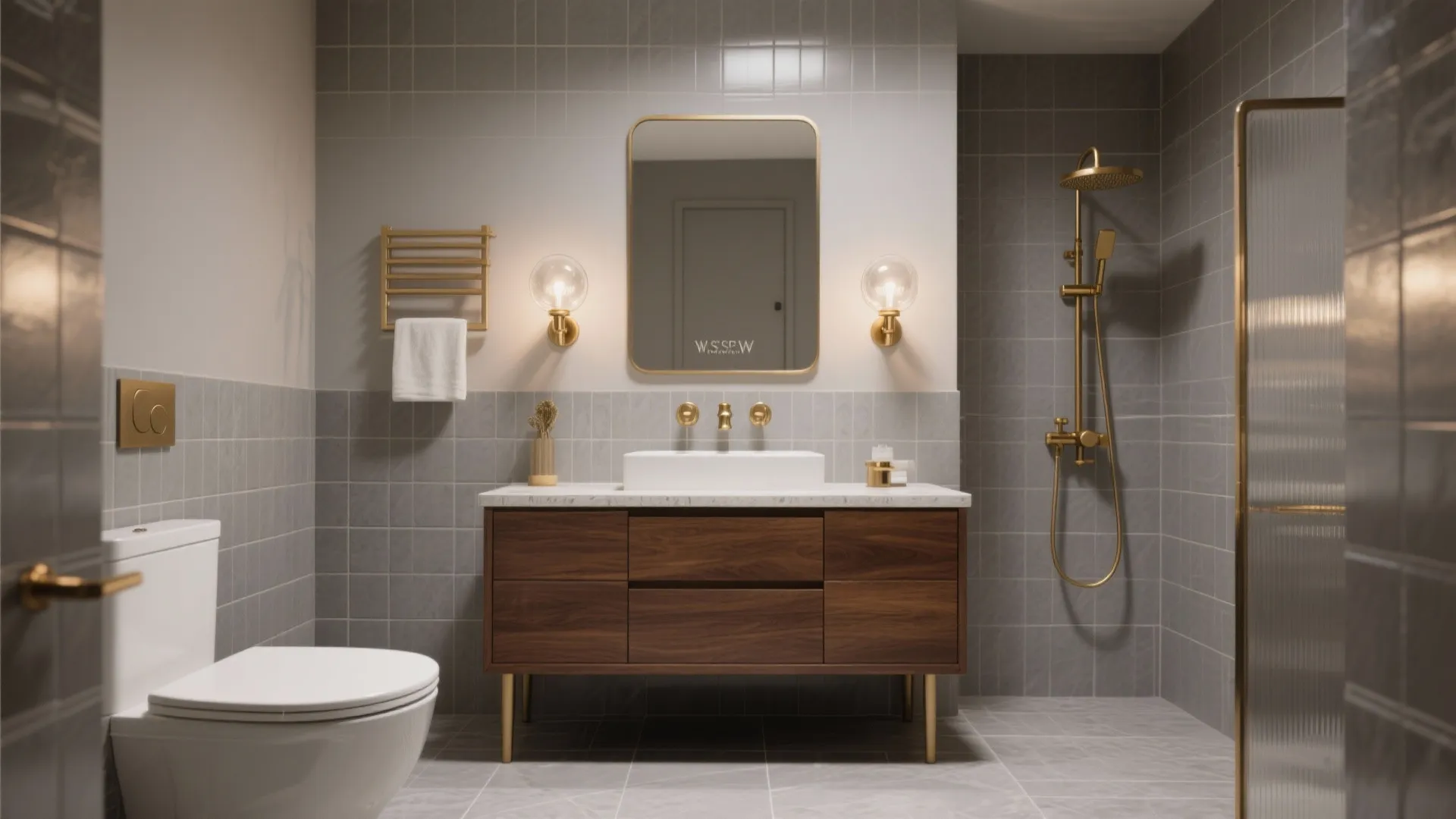 Modern grey tiled bathroom featuring wood cabinet white sink gold mirror and gold shower head