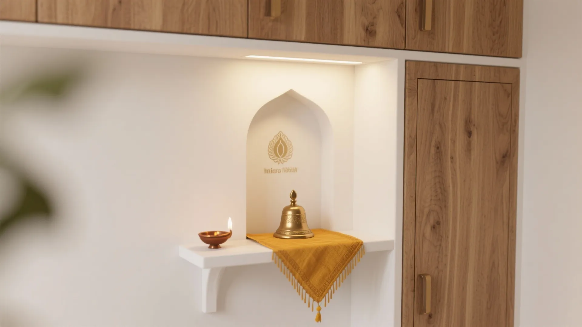 Warm wood + brass details, minimal palette