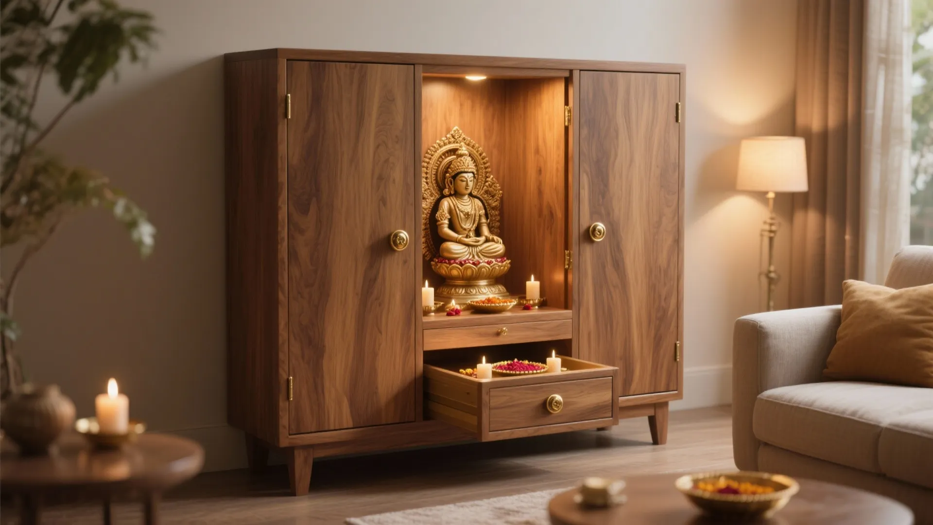 Wooden cabinet altar with gold statue lit interior candles and open drawer in living room