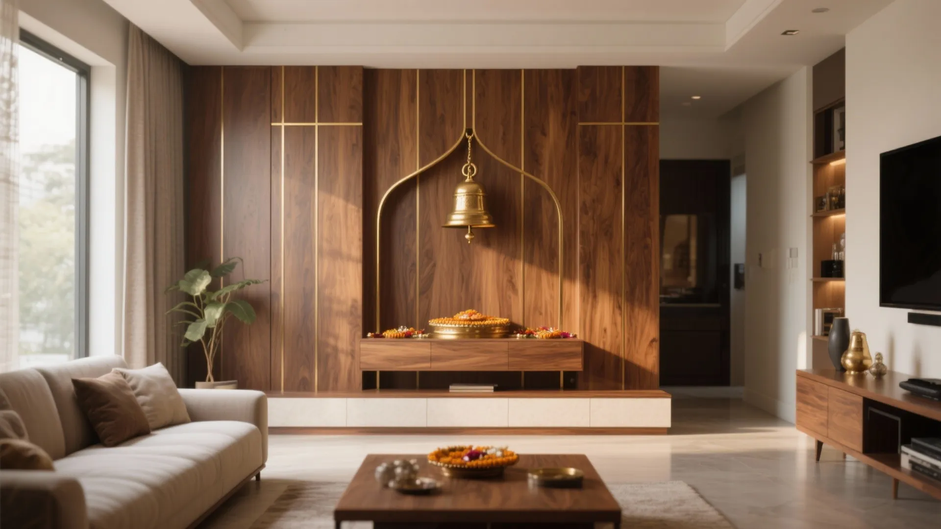 Living room with wood wall panel gold bell decoration sofa coffee table and warm natural light
