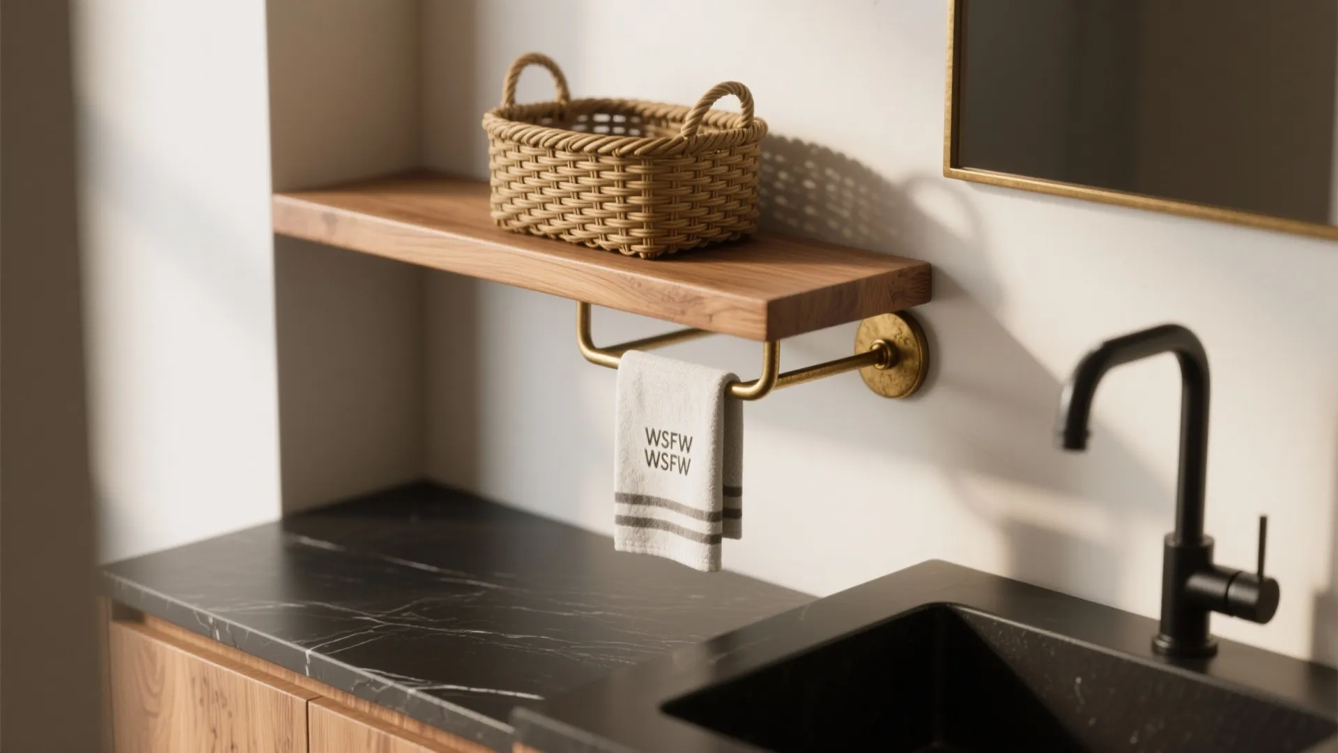Close up of wood shelf with woven basket brass towel rack and black marble counter