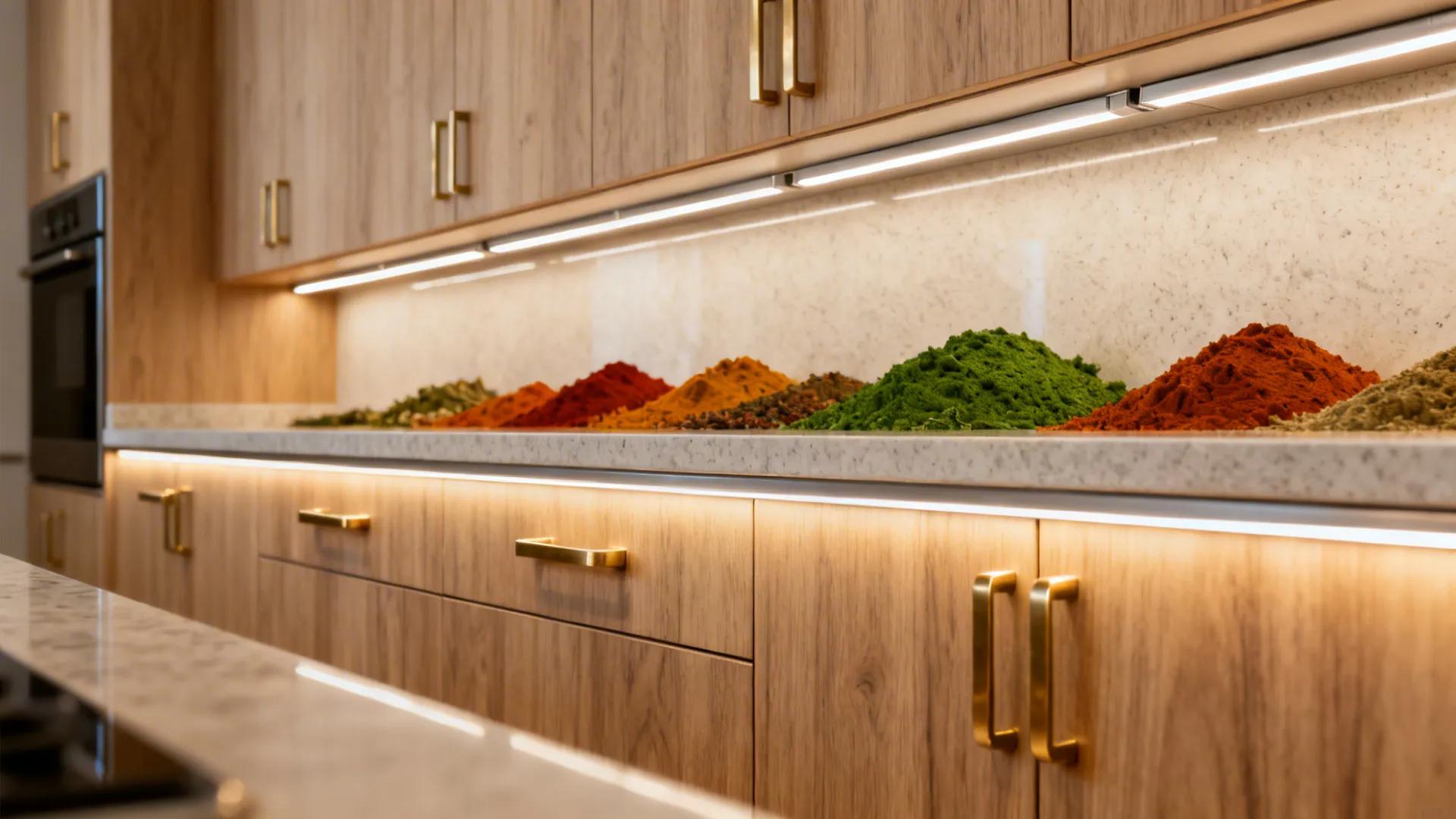 Modern wooden kitchen cabinets with gold handles and colorful spices on white marble countertop with lighting