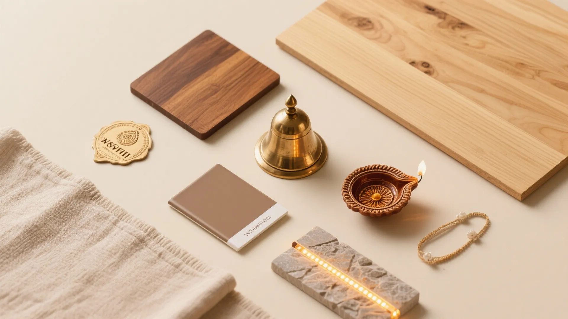 Warm wood tones with brass accents