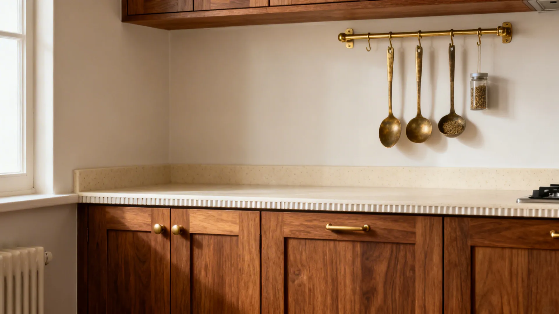 Warm walnut cabinetry with unlacquered brass rail and handles in a compact kitchen.