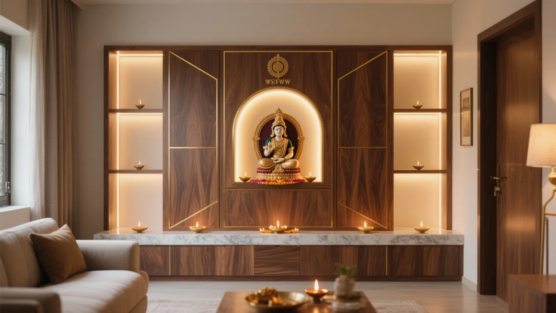 Warm wood and brass accents with concealed LED backlight