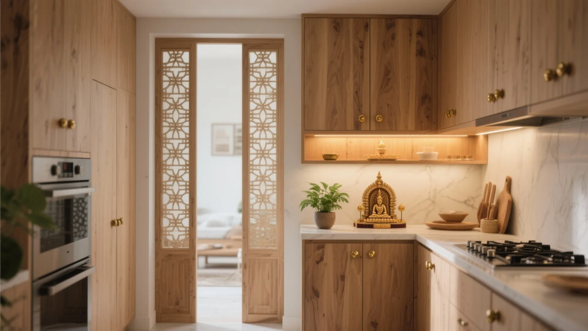 Modern wooden kitchen cabinets with gold handles next to a carved wood sliding door design