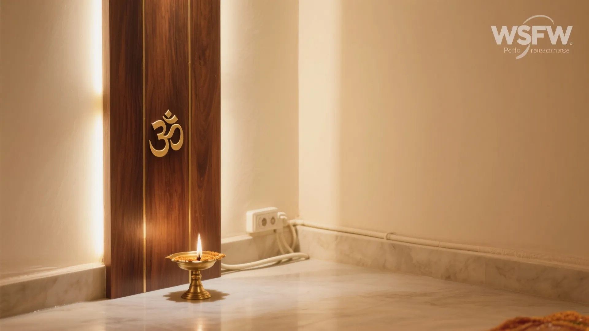 Walnut wood panel with slim brass inlay and concealed uplighting creating a warm twilight glow.