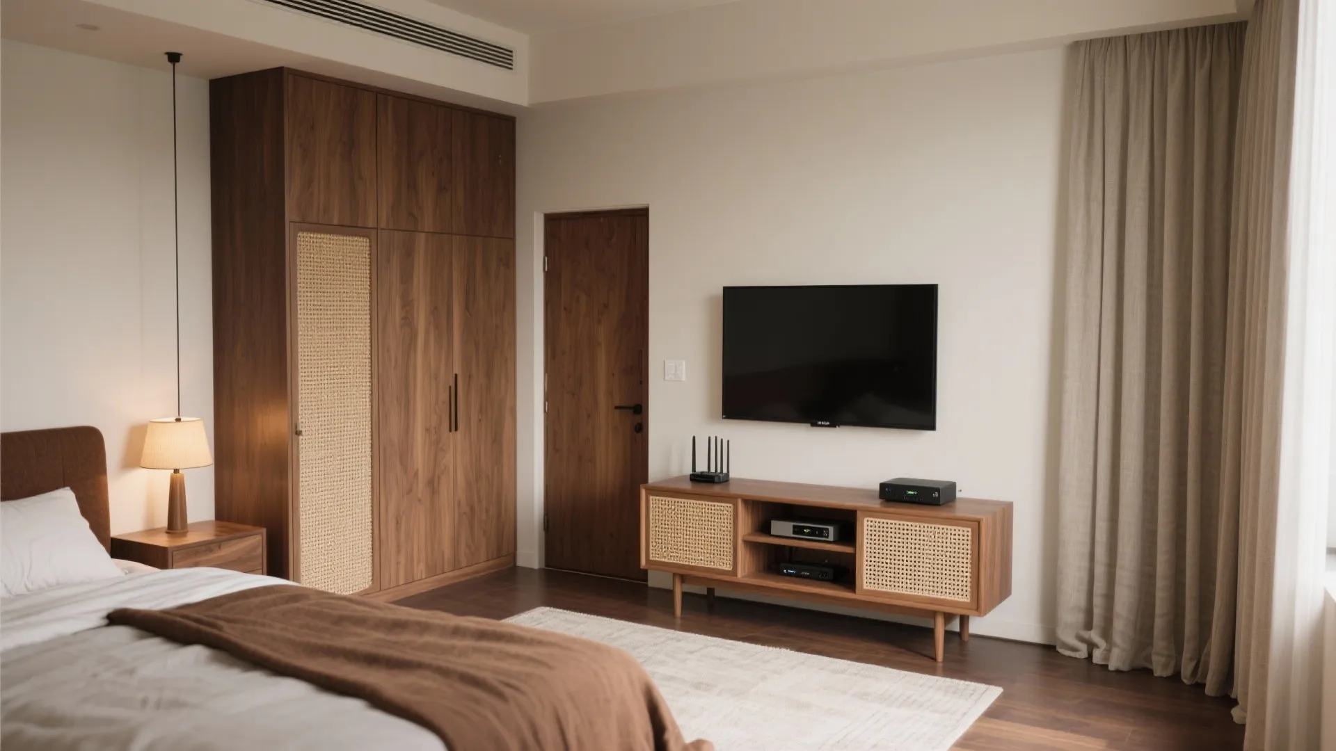 Warm wood tones with breathable storage