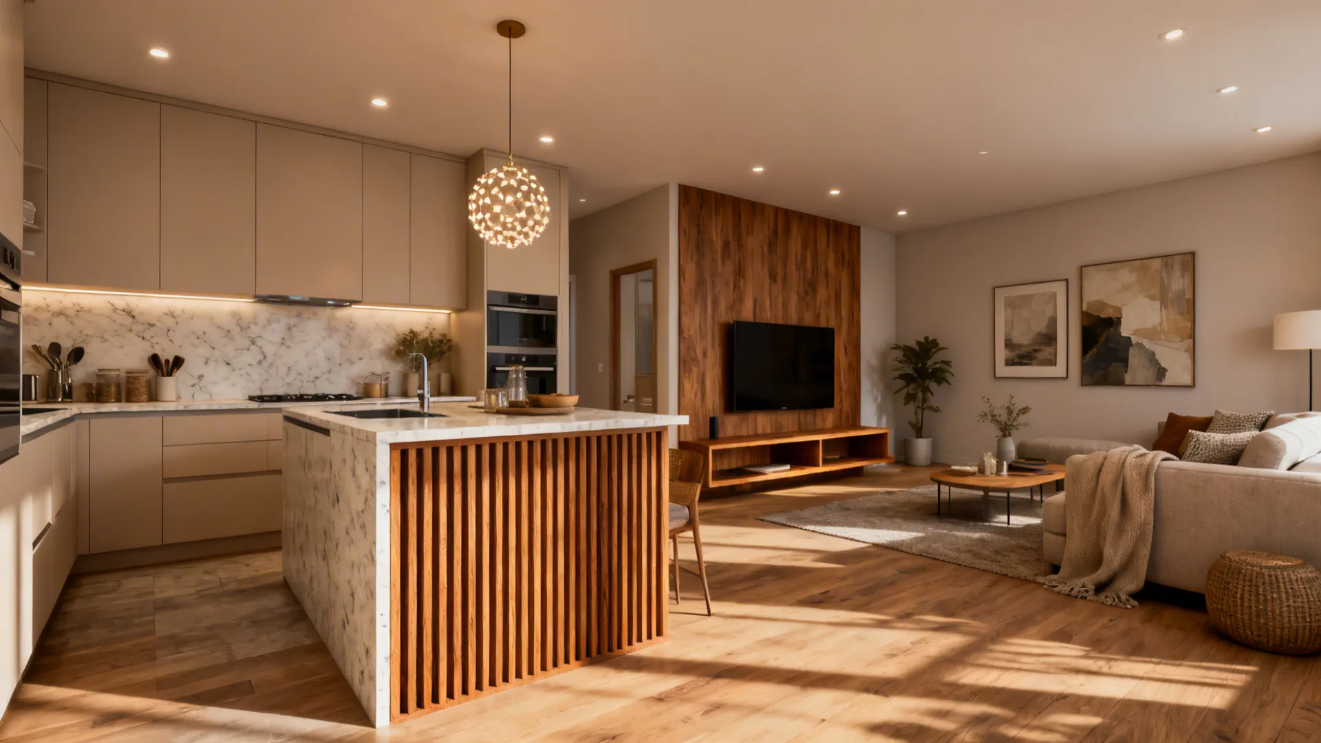 Warm wood accents that bridge the two zones