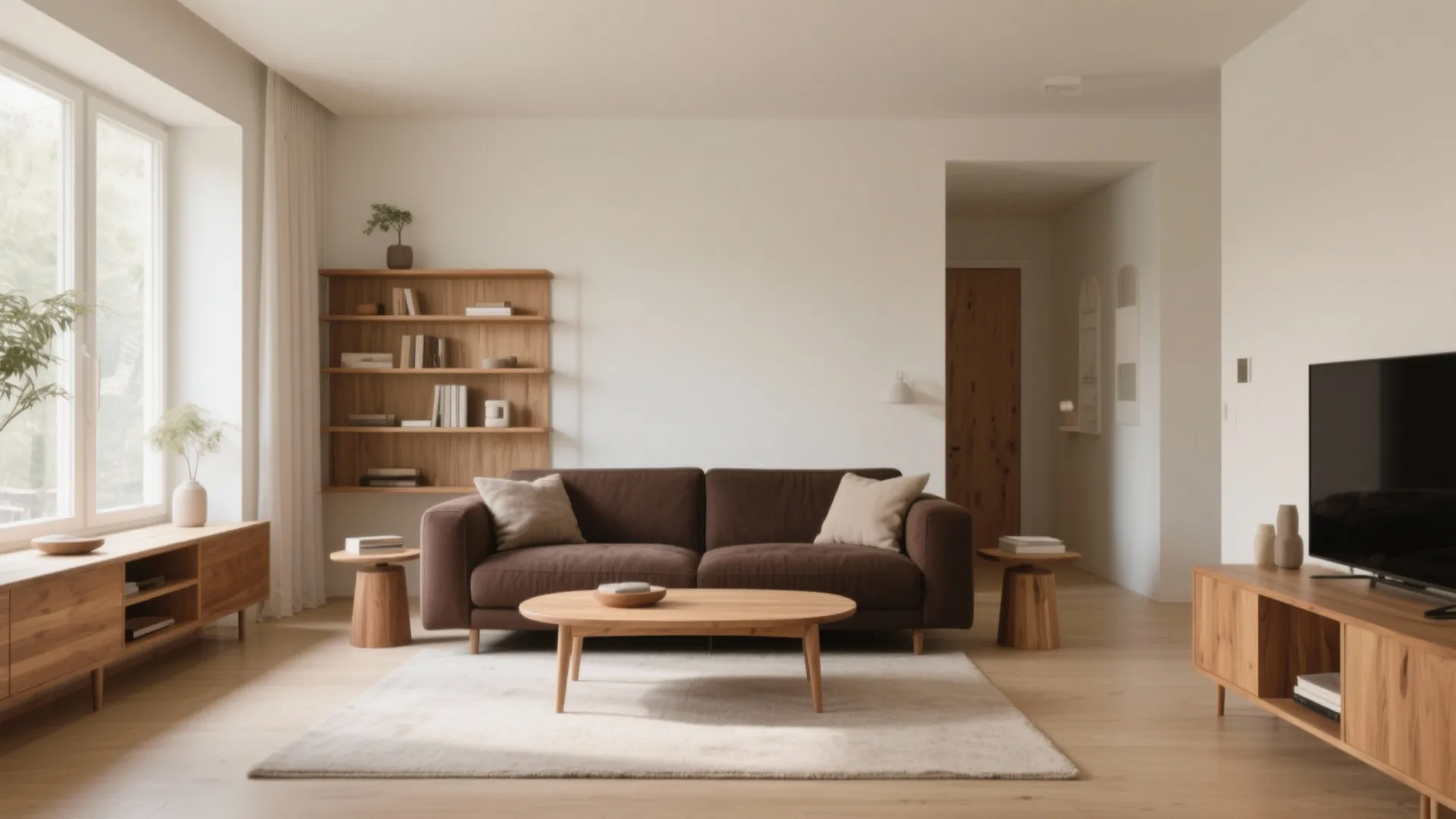 Brown sofa with ash wood accents in bright living room