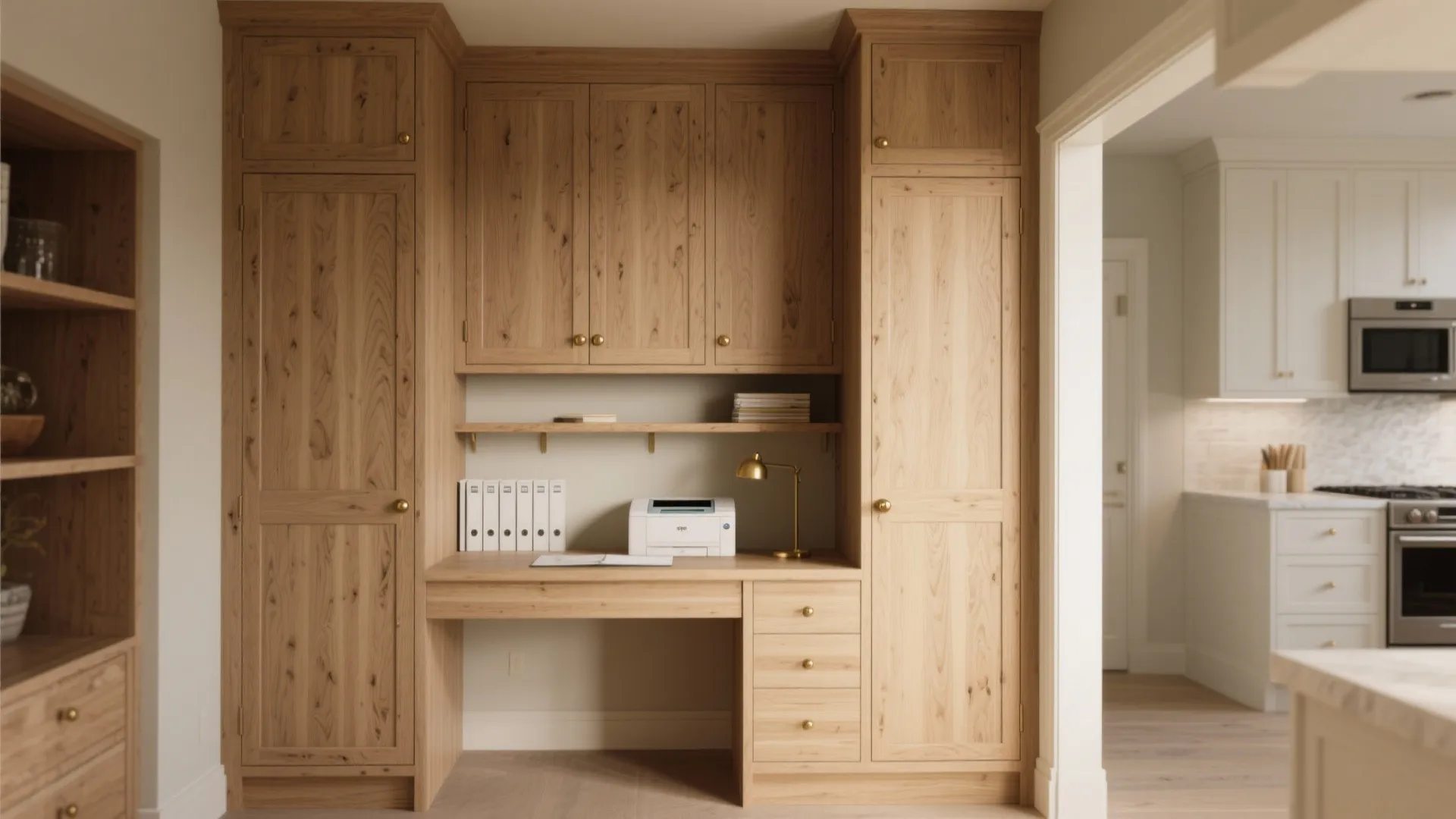 Warm wood built-ins with a service-inspired edge