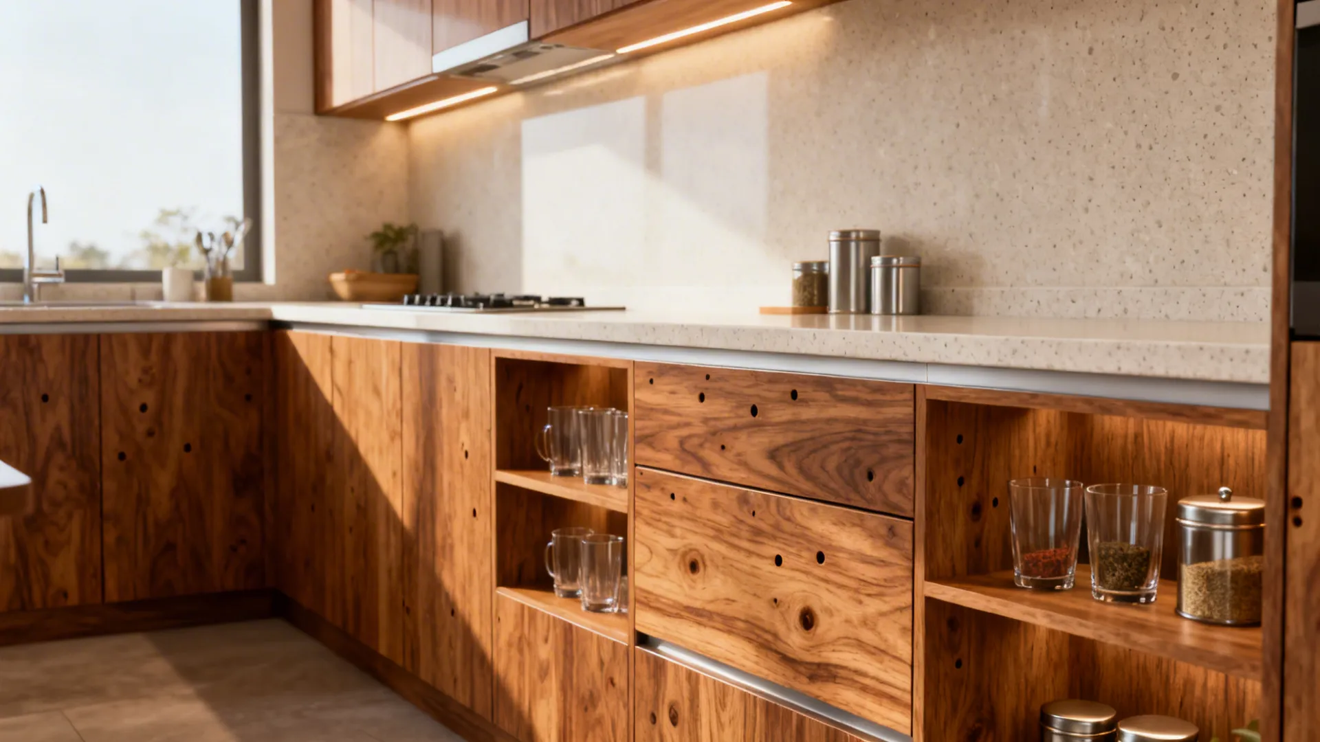 Warm wood-textured laminate kitchen on BWP plywood with light quartz counters and open cubbies.