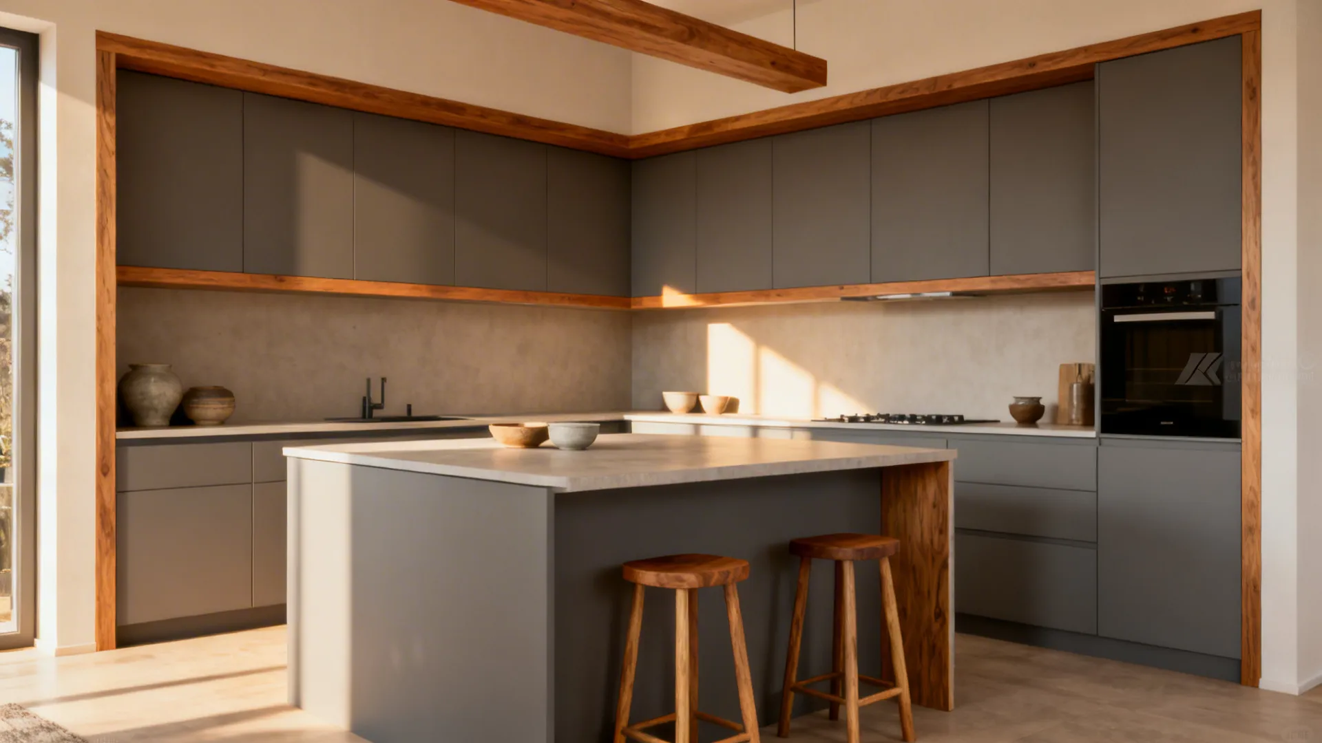 Warm wood accents in a compact C-shaped plan