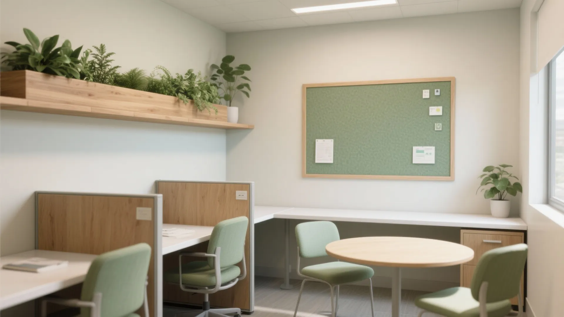 Modern office workspace with green chairs wooden desks wall plants notice board and natural window light