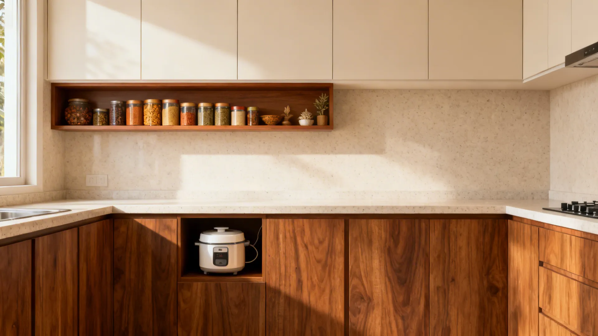 Compact kitchen with warm wood base units and light uppers under soft daylight.