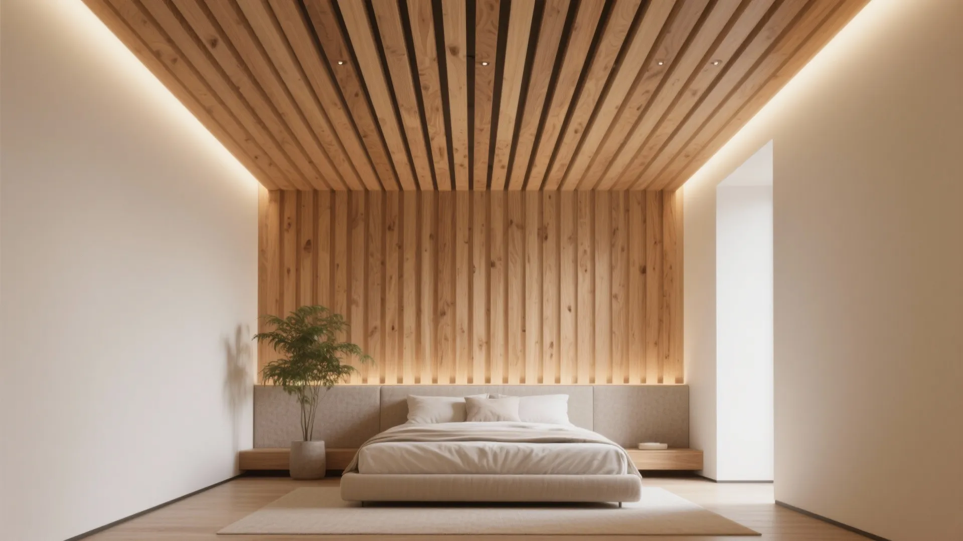 Warm Wood-Toned Ceiling (Slats, Veneer, or a Subtle Stain)