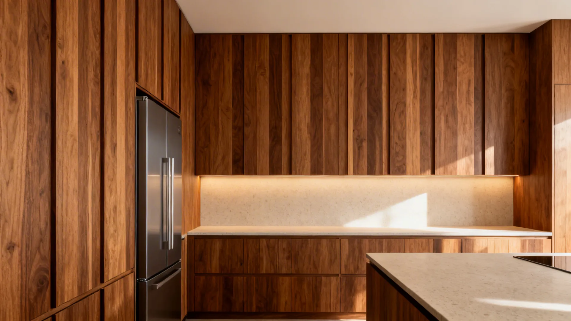 Full-height vertical-grain wood kitchen cabinets with integrated appliances and warm lighting.