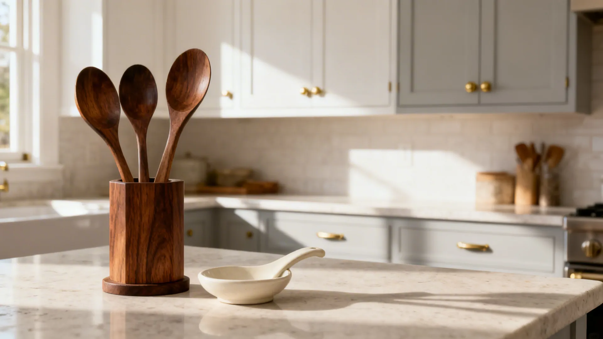 Warm Wood Accents and Ceramic Spoon Rests