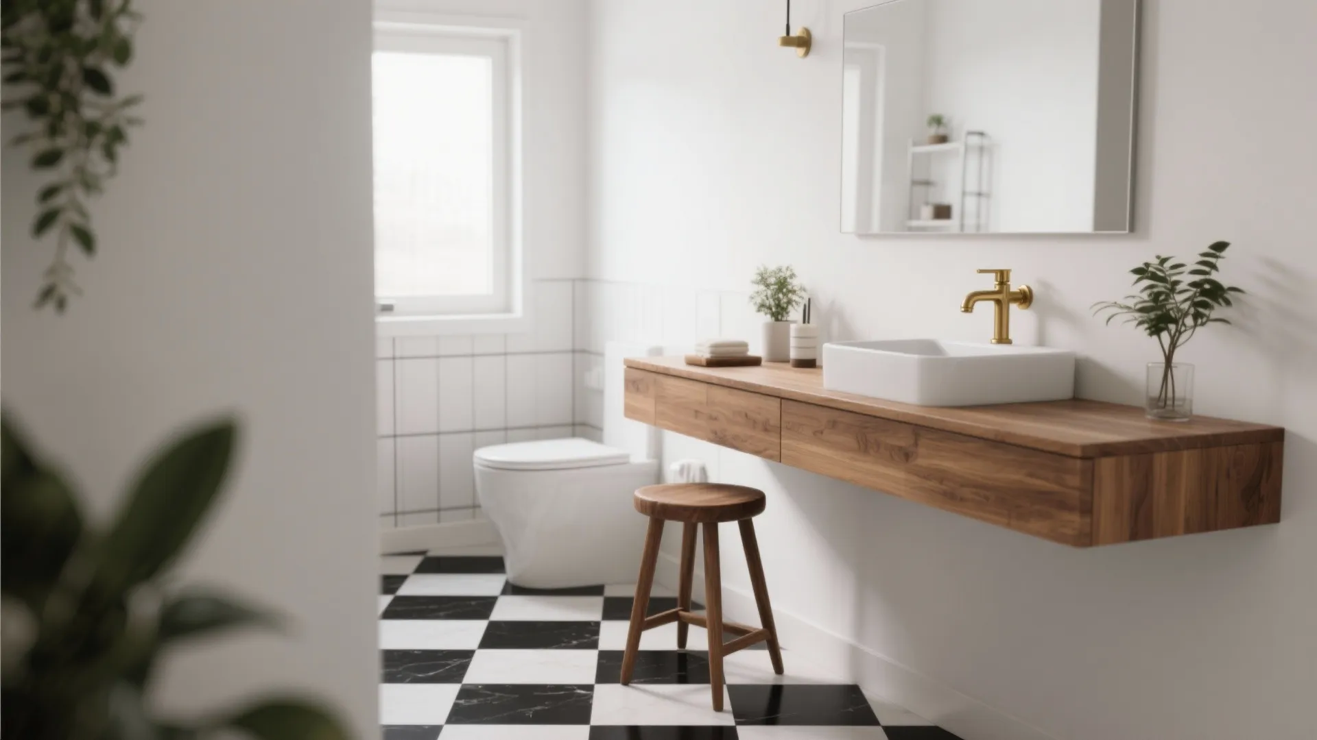 Modern bathroom with black white floor tiles wooden counter white sink gold tap and round stool