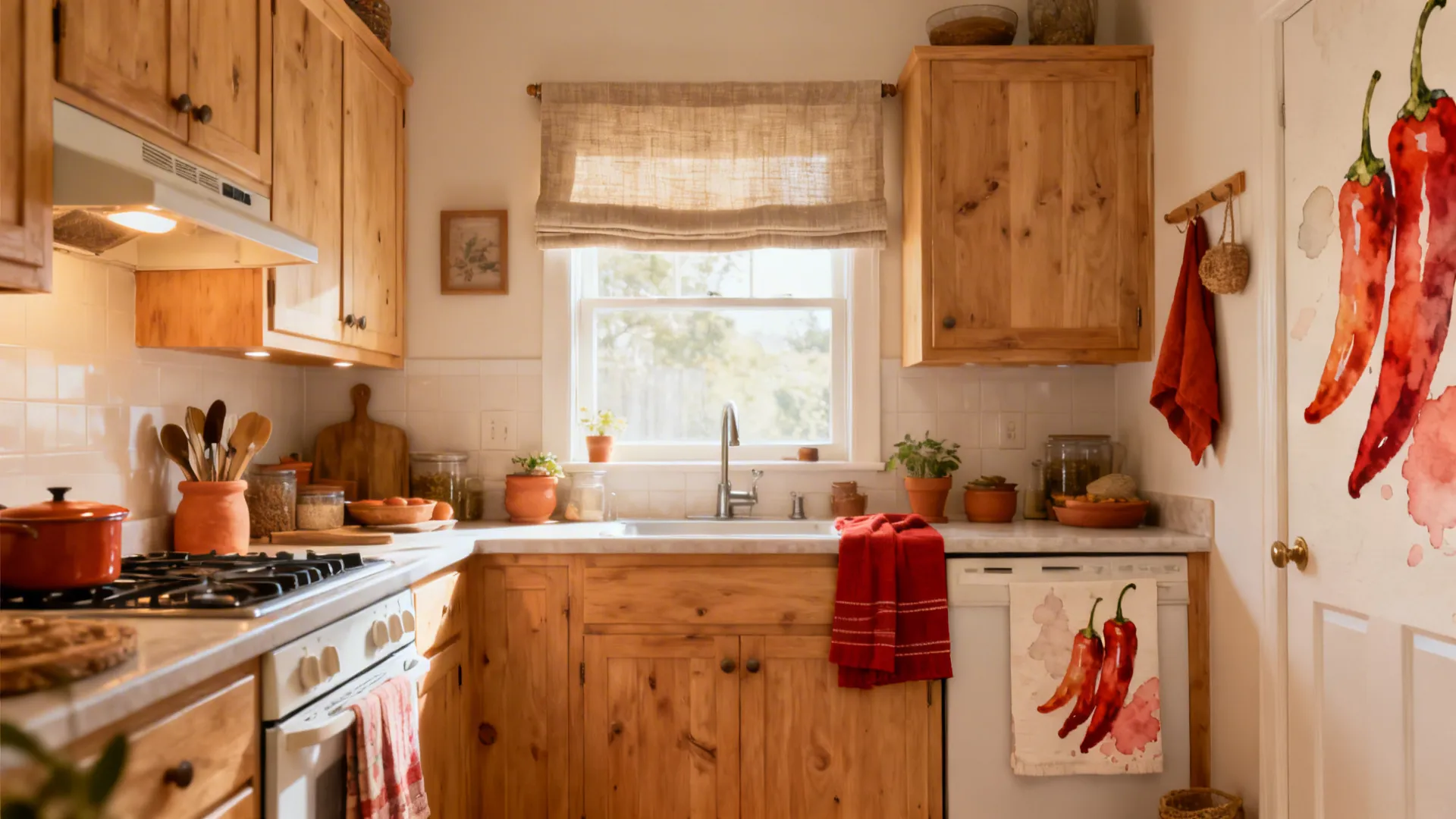 Light oak kitchen with linen shades and a muted watercolor chili print for a cozy look.