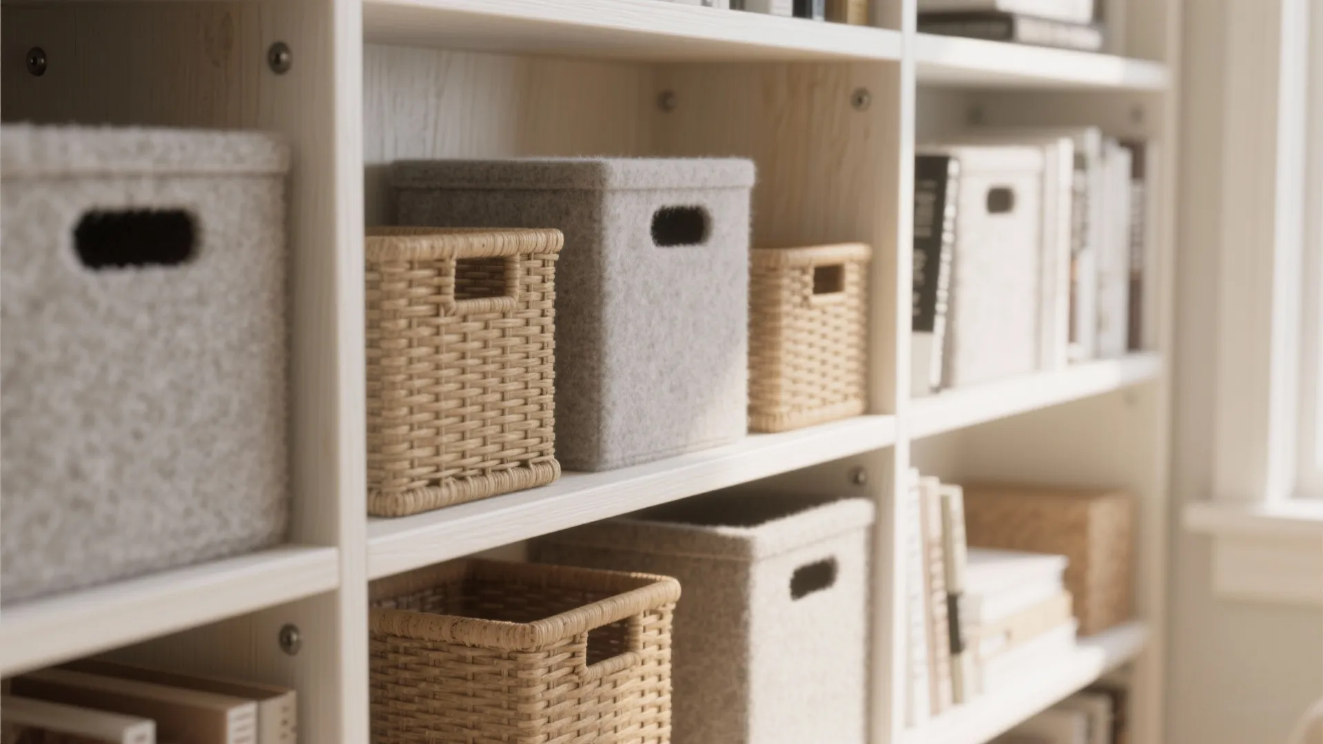 White shelving unit organized with woven baskets grey storage boxes books and small home office accessories