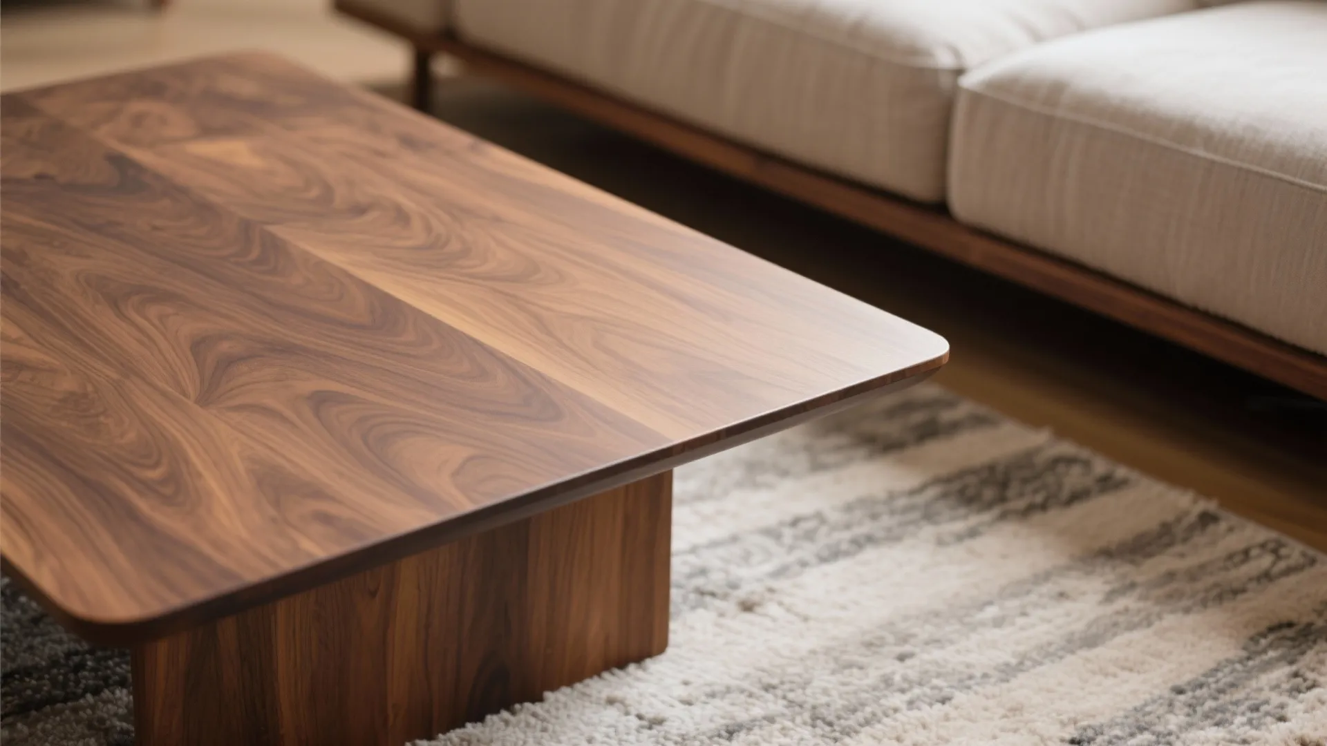 Close up of a natural wood coffee table standing on a rug near beige sofa