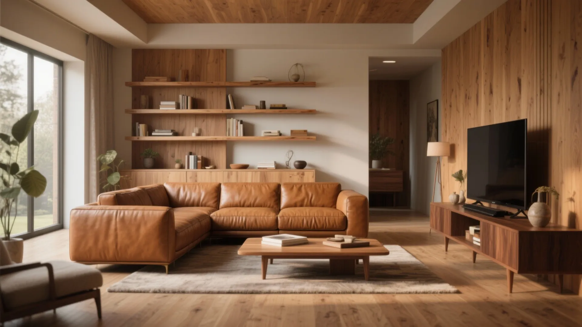 Cognac sofa with warm oak and walnut wood accents