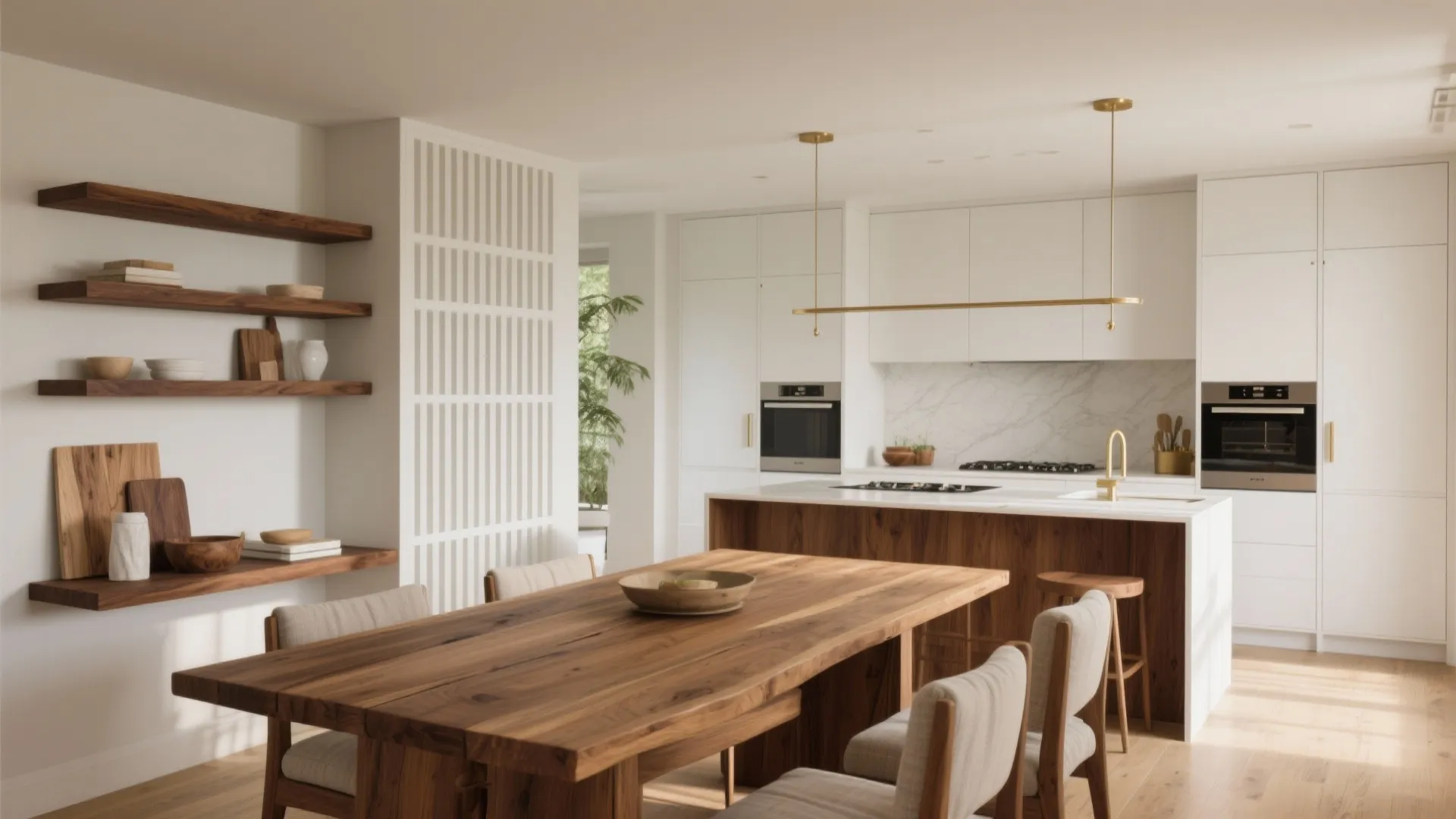 Warm wood tones tie the room together