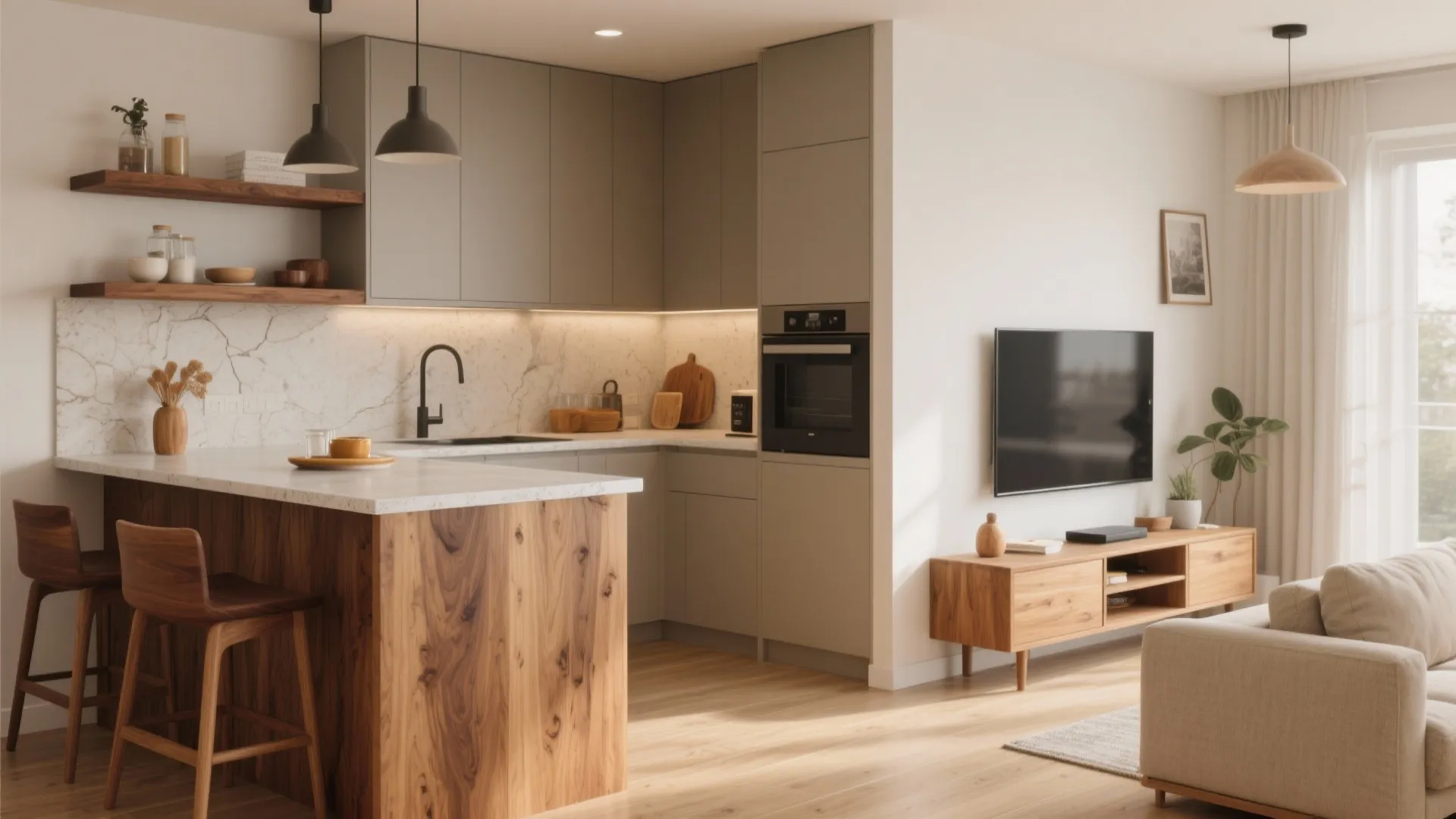 Warm wood tones to soften the modern edge