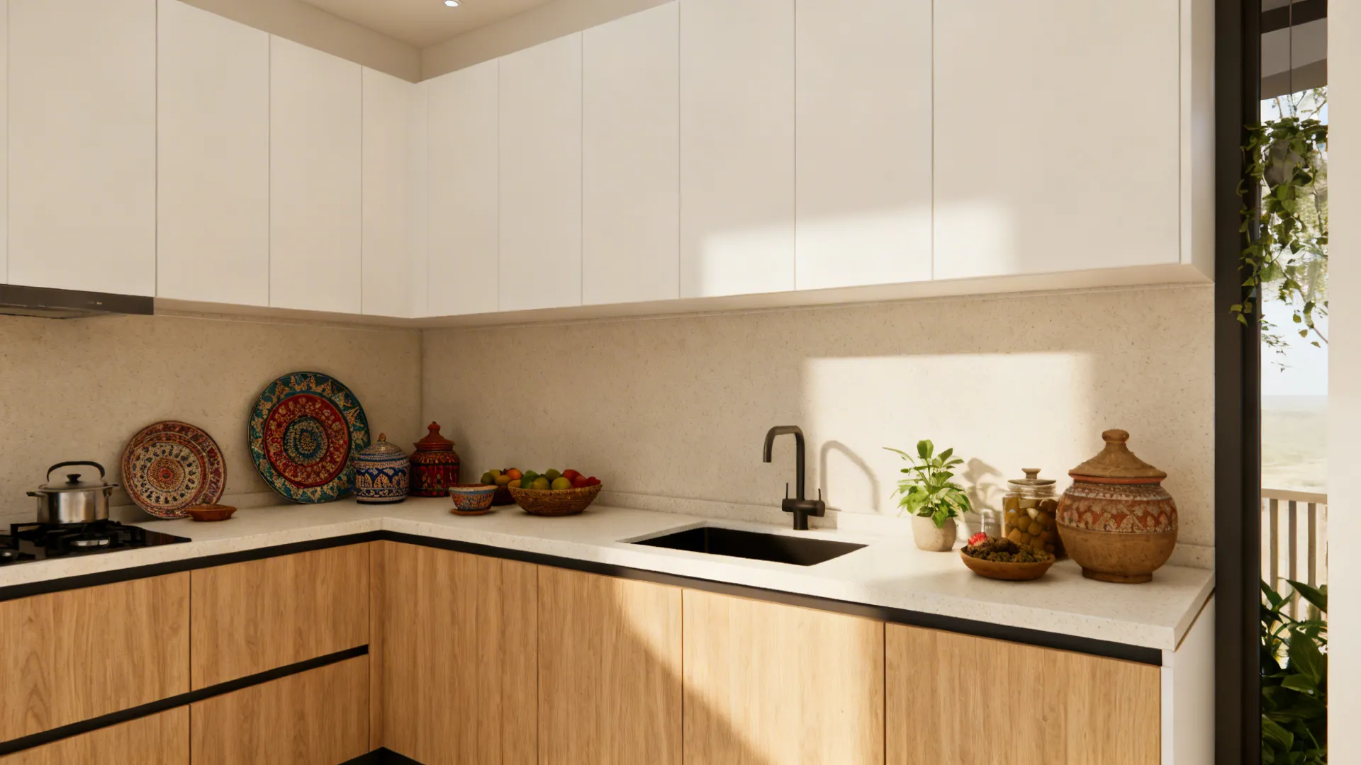 Compact kitchen with light oak-look laminate lowers and matte white uppers for a warm feel.