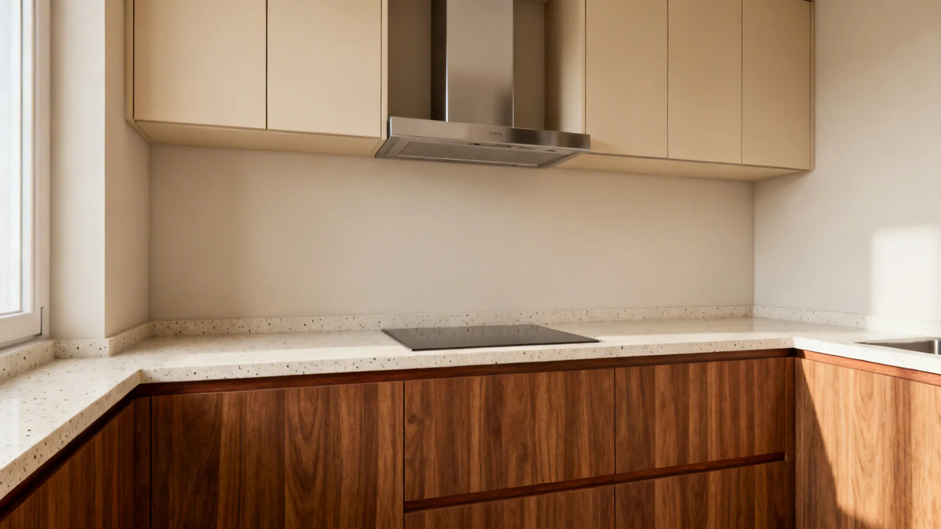 Cozy compact kitchen with walnut-tone cabinets and a light quartz countertop.