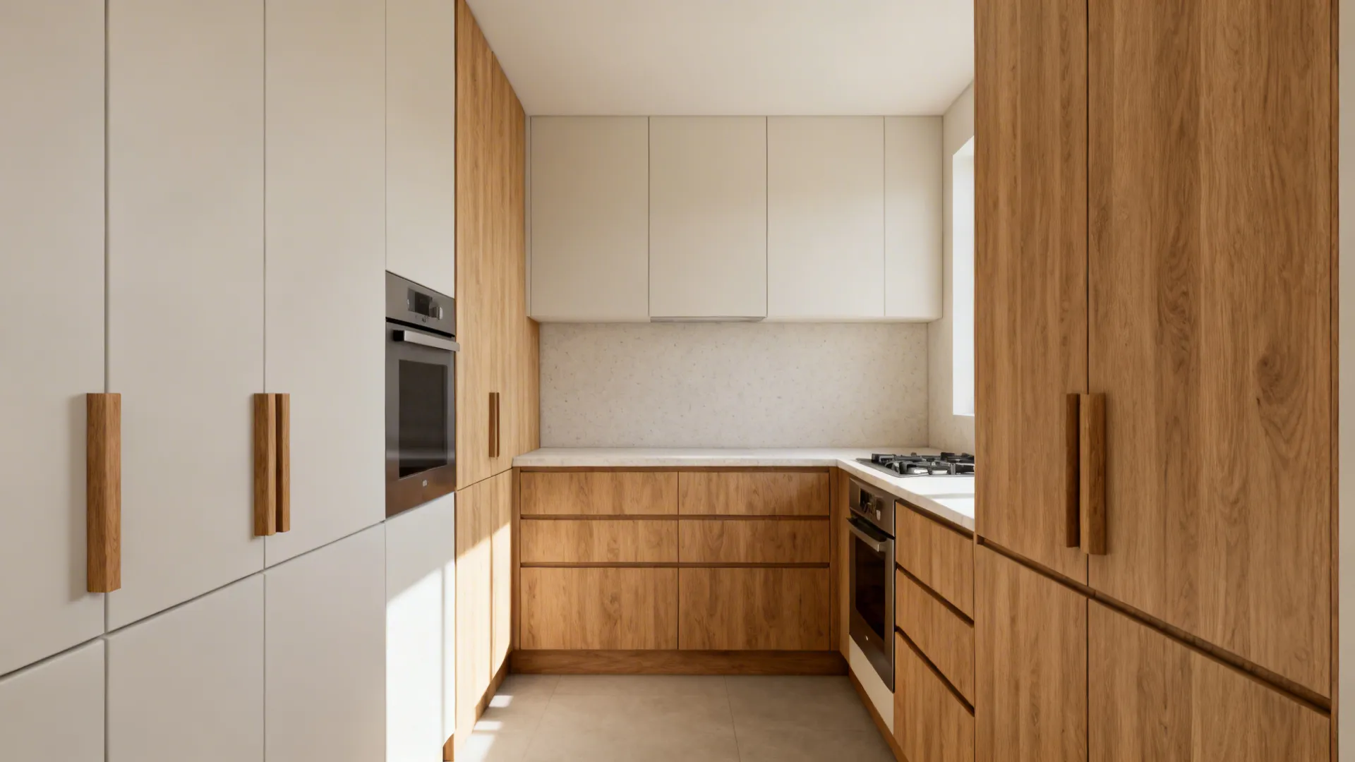 Small modern kitchen with rift oak tall panels, horizontal grain drawers, and matte painted fronts.