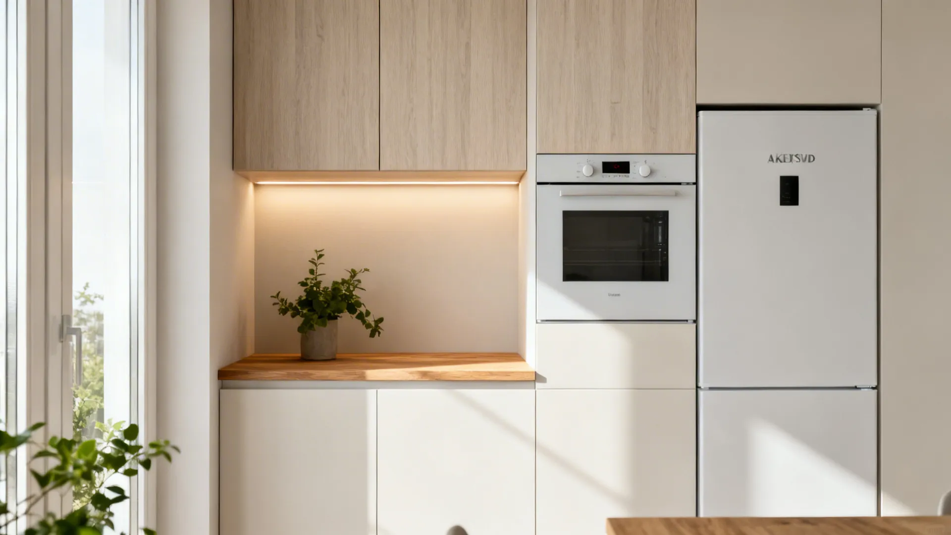 Compact kitchen with light wood fronts, oak-look counter, and panel-ready 24-inch appliances.
