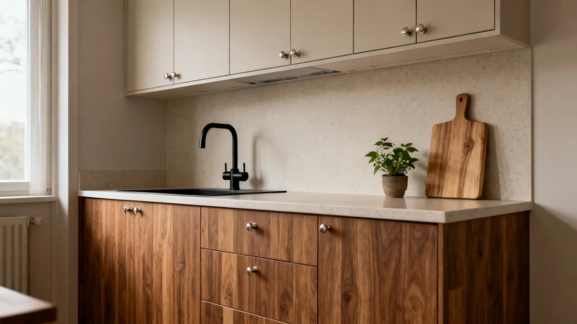 Compact kitchen with wood-look laminate lowers and light uppers in soft daylight.