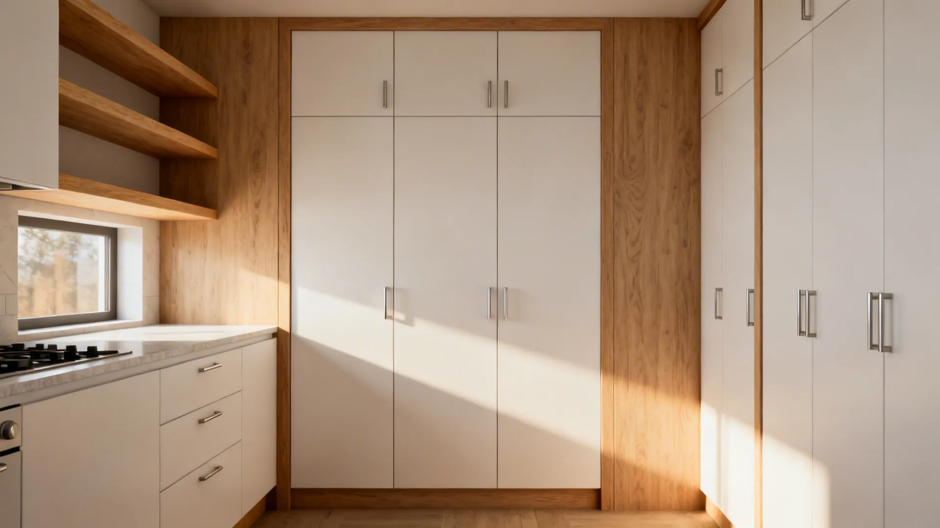 Light oak shelf edges and a matching oak wardrobe frame tie a compact kitchen and closet together.