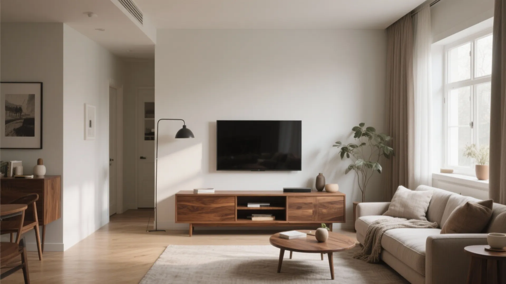 Modern living room with a wood cabinet, black floor lamp, beige sofa, and wall television