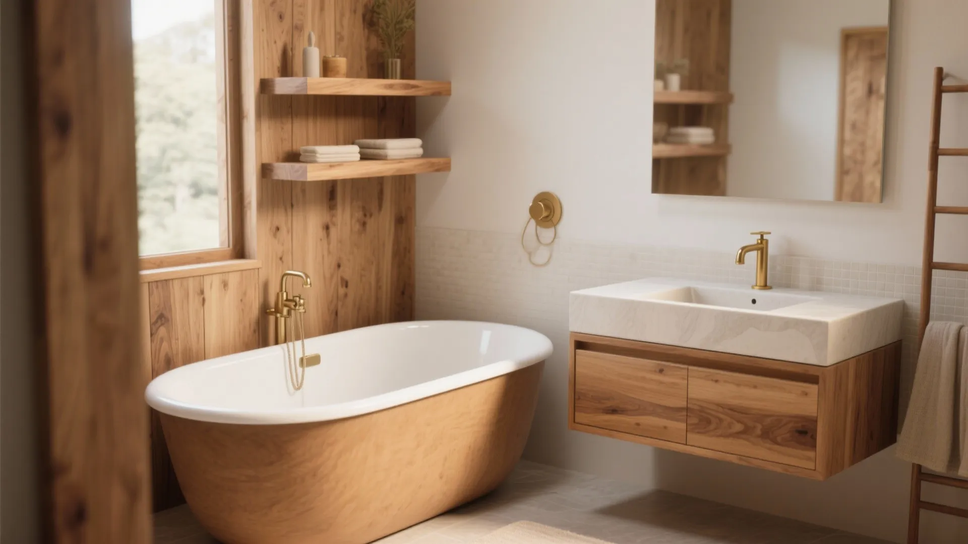 Bathroom with wood wrapped bathtub and floating wood cabinet sink with gold fixtures and mirror