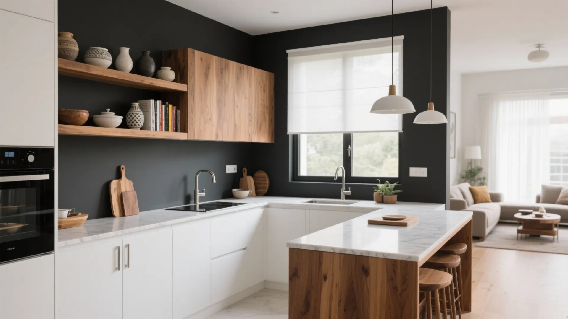 Warm Wood Accents in a High-Contrast Palette