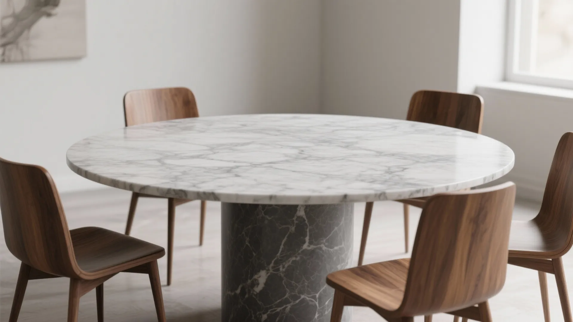 Round marble dining table with four wooden chairs in a bright minimalist dining room setting