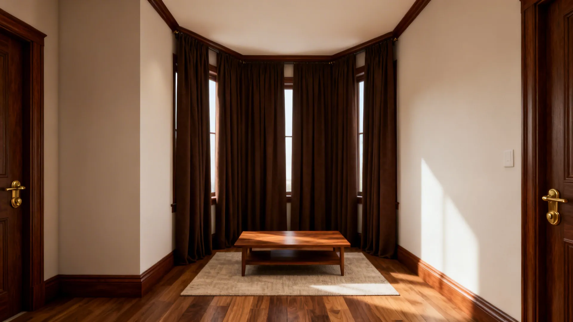 Living room with white walls, brown curtains, wooden coffee table, small rug, and wood flooring