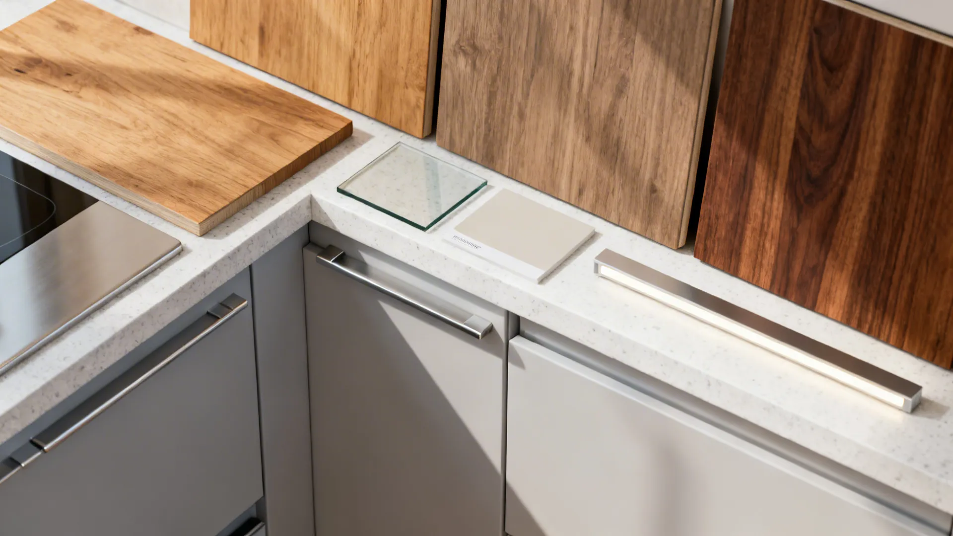 Flat lay of oak and walnut fronts with pale gray and white quartz counters, stainless and glass accents.
