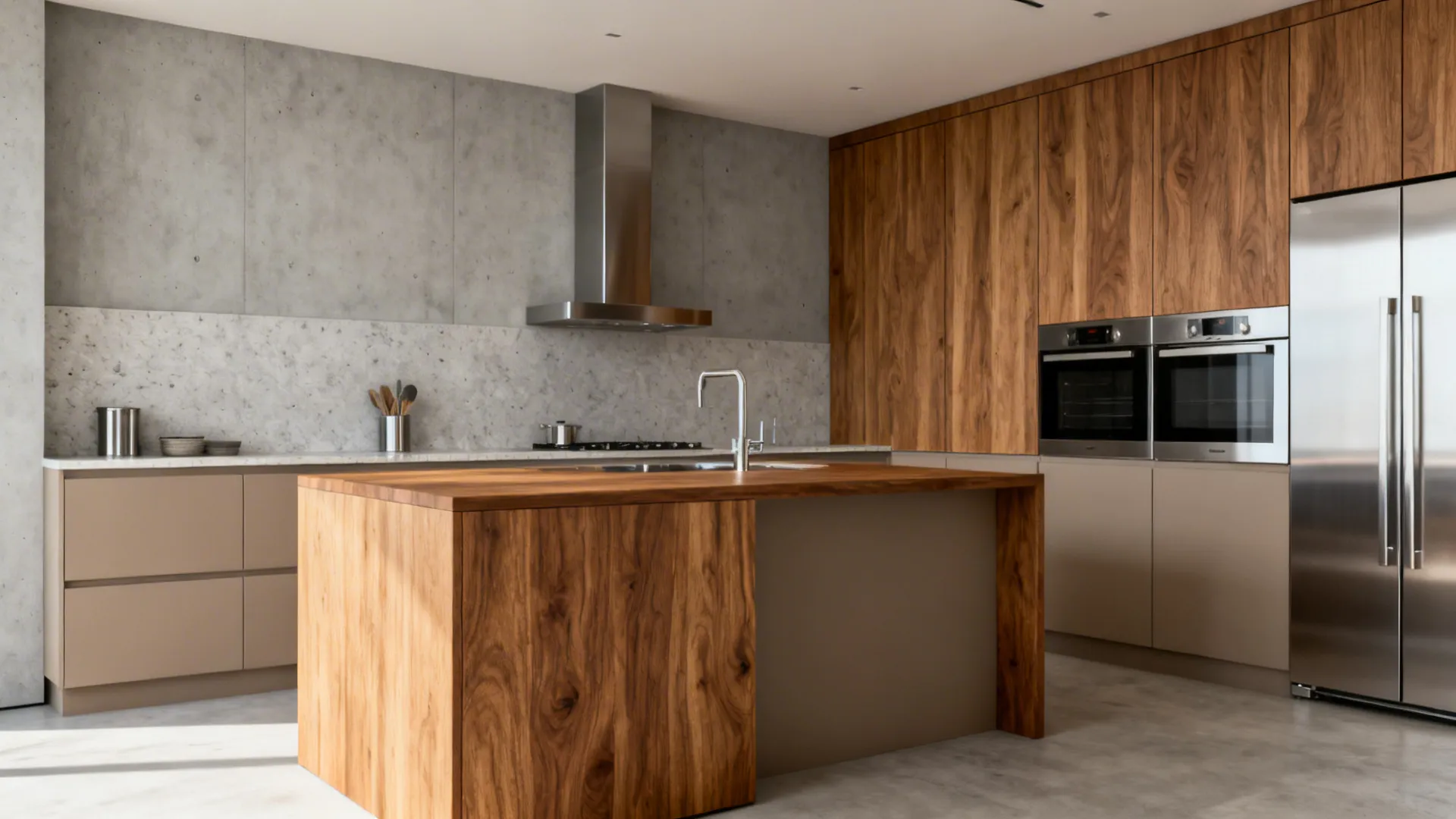 Modern kitchen with rift-cut oak island, quartz surfaces, and stainless accents in a neutral interior.